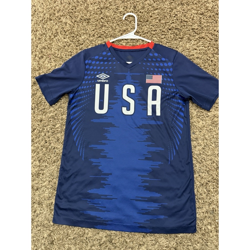 Umbro USA Soccer Jersey Youth Blue V Neck American Flag Futbol Shirt Sz Small